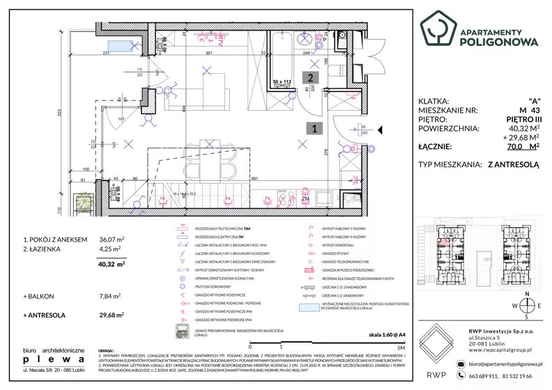 3 pokoje, mieszkanie 70,00 m², piętro 3, oferta nr 43, Apartamenty Poligonowa 4, Lublin, Sławin, ul. Poligonowa