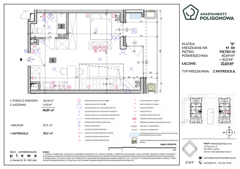 4 pokoje, mieszkanie 70,89 m², piętro 3, oferta nr 88, Apartamenty Poligonowa 4, Lublin, Sławin, ul. Poligonowa