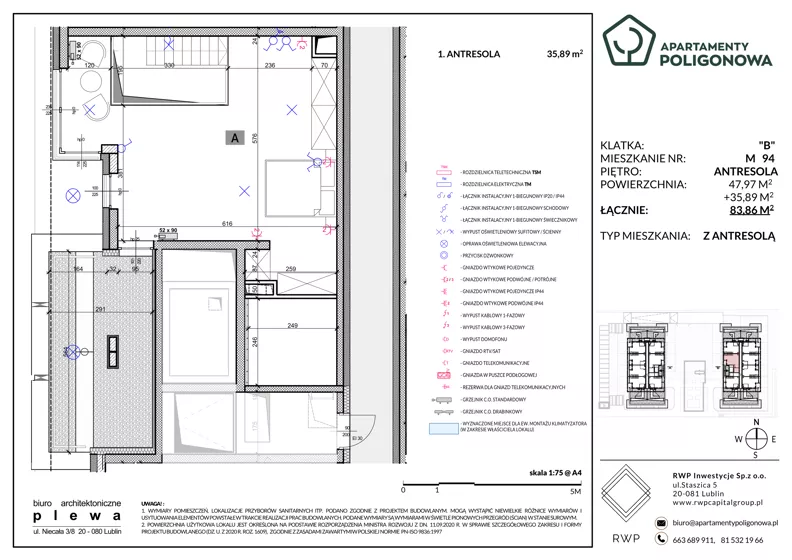 4 pokoje, mieszkanie 83,86 m², piętro 3, oferta nr 94, Apartamenty Poligonowa 4, Lublin, Sławin, ul. Poligonowa