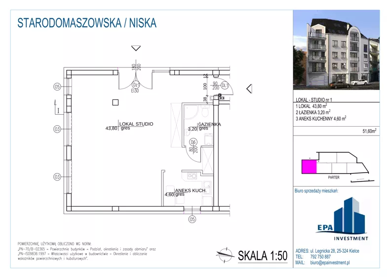 Lokal użytkowy 51,60 m², oferta nr L1, Kamienica przy ul. Starodomaszowskiej - lokale użytkowe, Kielce, Centrum, ul. Starodomaszowska 38