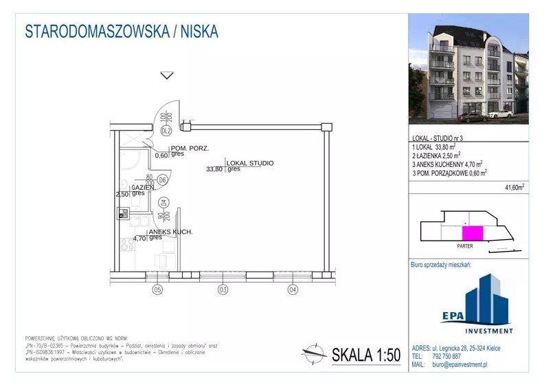 Lokal użytkowy 41,60 m², oferta nr L3, Kamienica przy ul. Starodomaszowskiej - lokale użytkowe, Kielce, Centrum, ul. Starodomaszowska 38