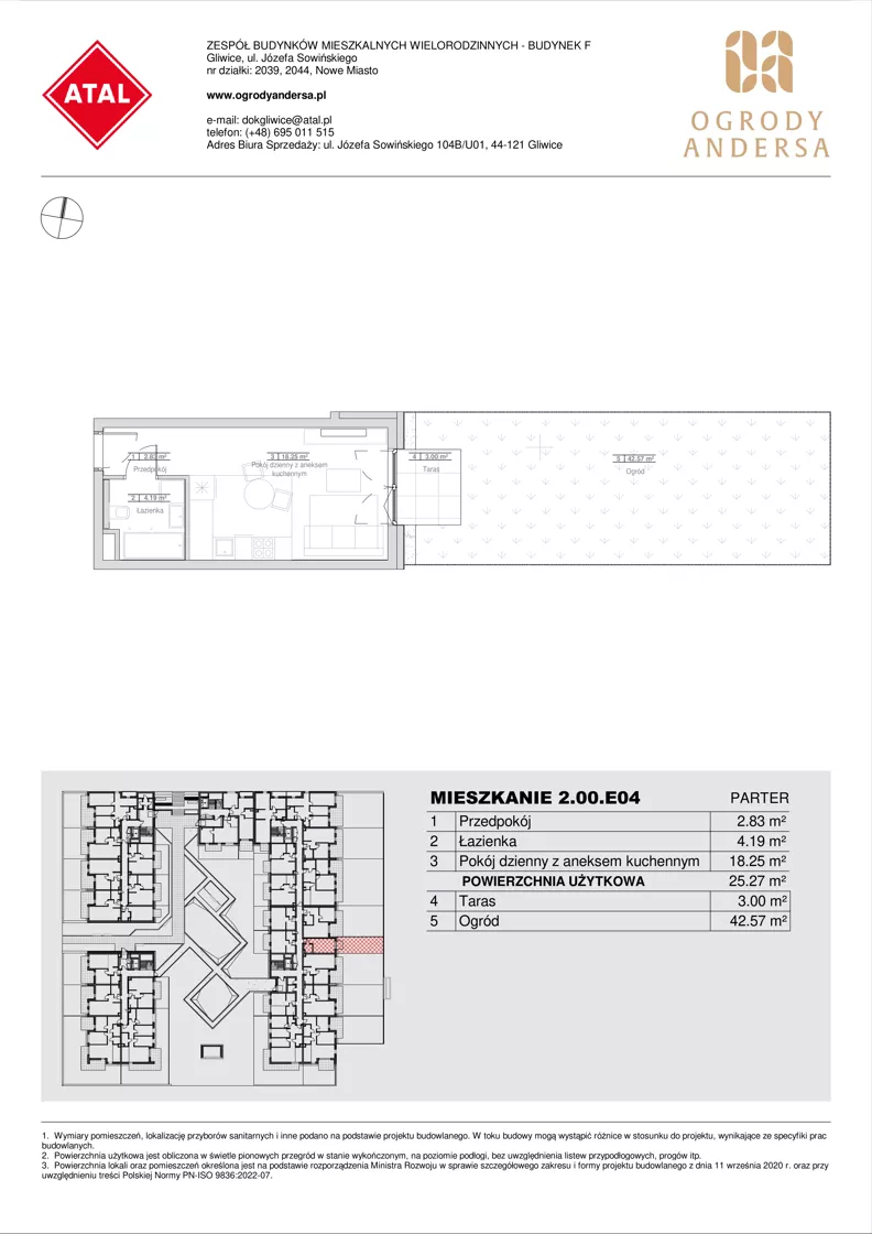 1 pokój, mieszkanie 25,27 m², parter, oferta nr 2.00.E04, Ogrody Andersa IV, Gliwice, Wojska Polskiego, ul. J. Sowińskiego