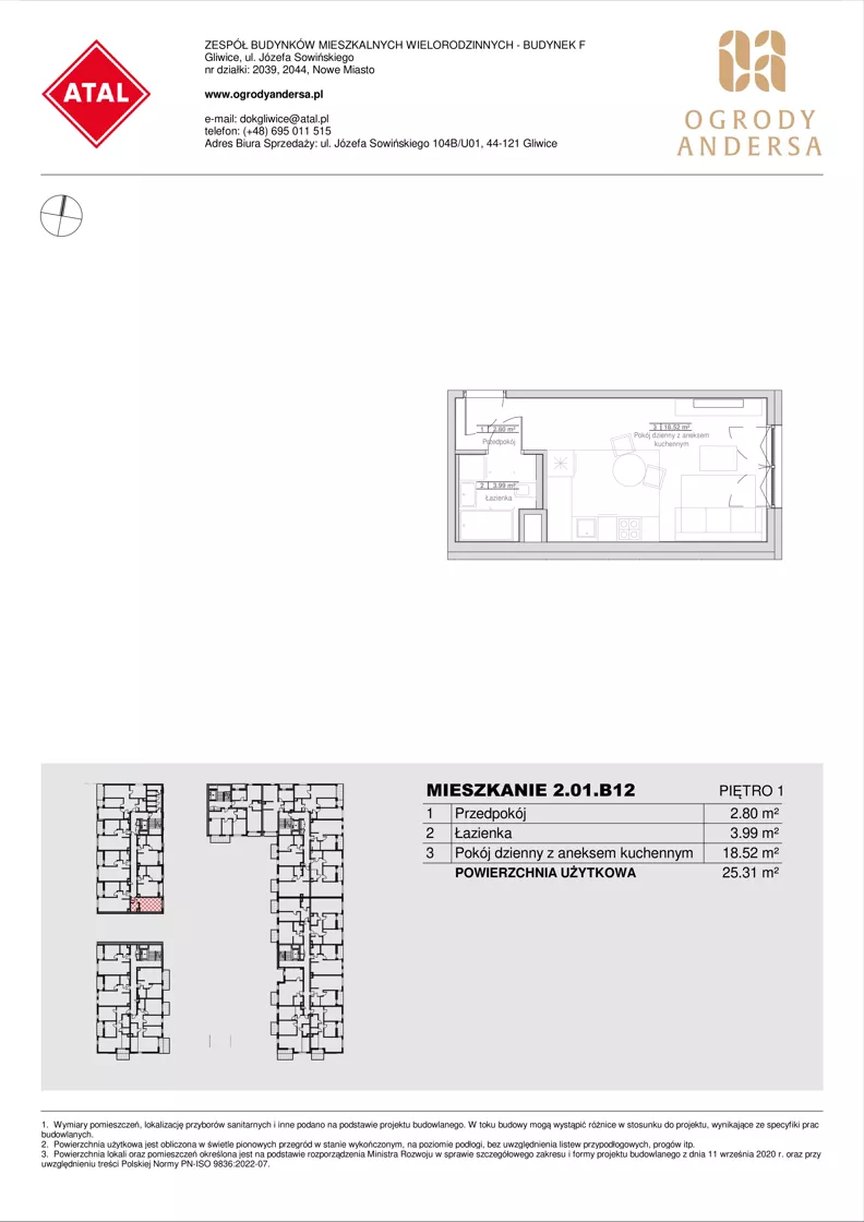 1 pokój, mieszkanie 25,31 m², piętro 1, oferta nr 2.01.B12, Ogrody Andersa IV, Gliwice, Wojska Polskiego, ul. J. Sowińskiego
