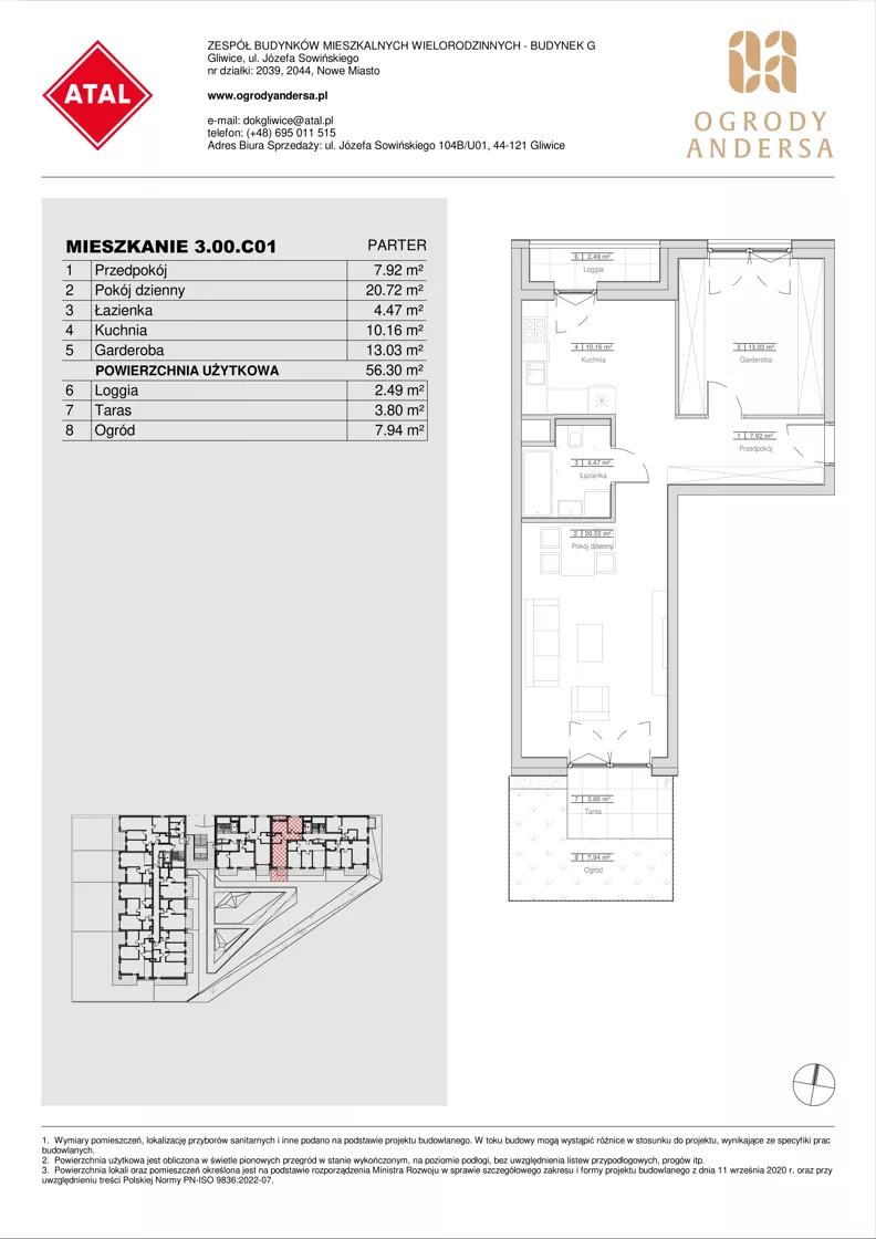 1 pokój, mieszkanie 56,30 m², parter, oferta nr 3.00.C01, Ogrody Andersa IV, Gliwice, Wojska Polskiego, ul. J. Sowińskiego