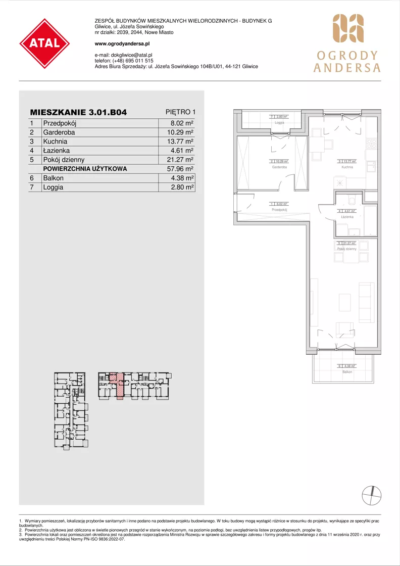1 pokój, mieszkanie 57,96 m², piętro 1, oferta nr 3.01.B04, Ogrody Andersa IV, Gliwice, Wojska Polskiego, ul. J. Sowińskiego