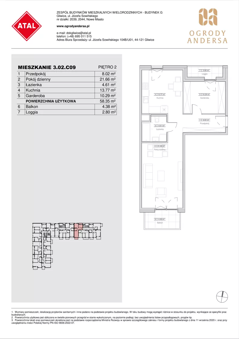 1 pokój, mieszkanie 58,35 m², piętro 2, oferta nr 3.02.C09, Ogrody Andersa IV, Gliwice, Wojska Polskiego, ul. J. Sowińskiego