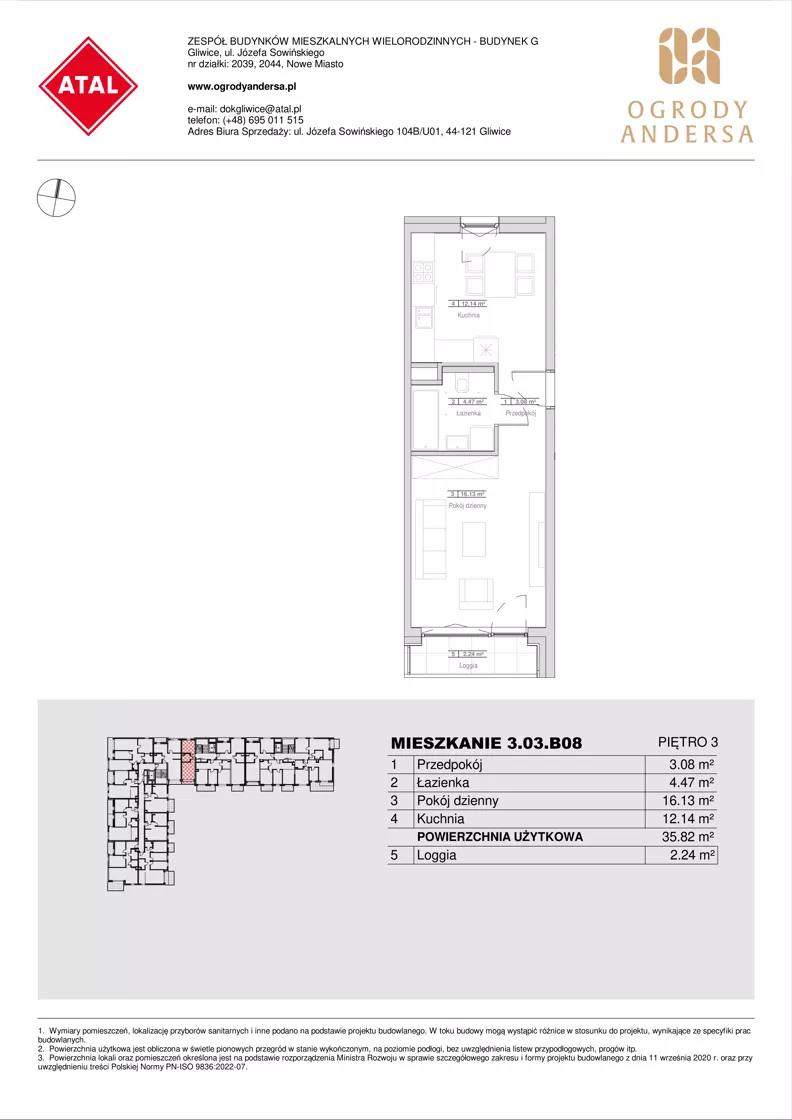 1 pokój, mieszkanie 35,82 m², piętro 3, oferta nr 3.03.B08, Ogrody Andersa IV, Gliwice, Wojska Polskiego, ul. J. Sowińskiego