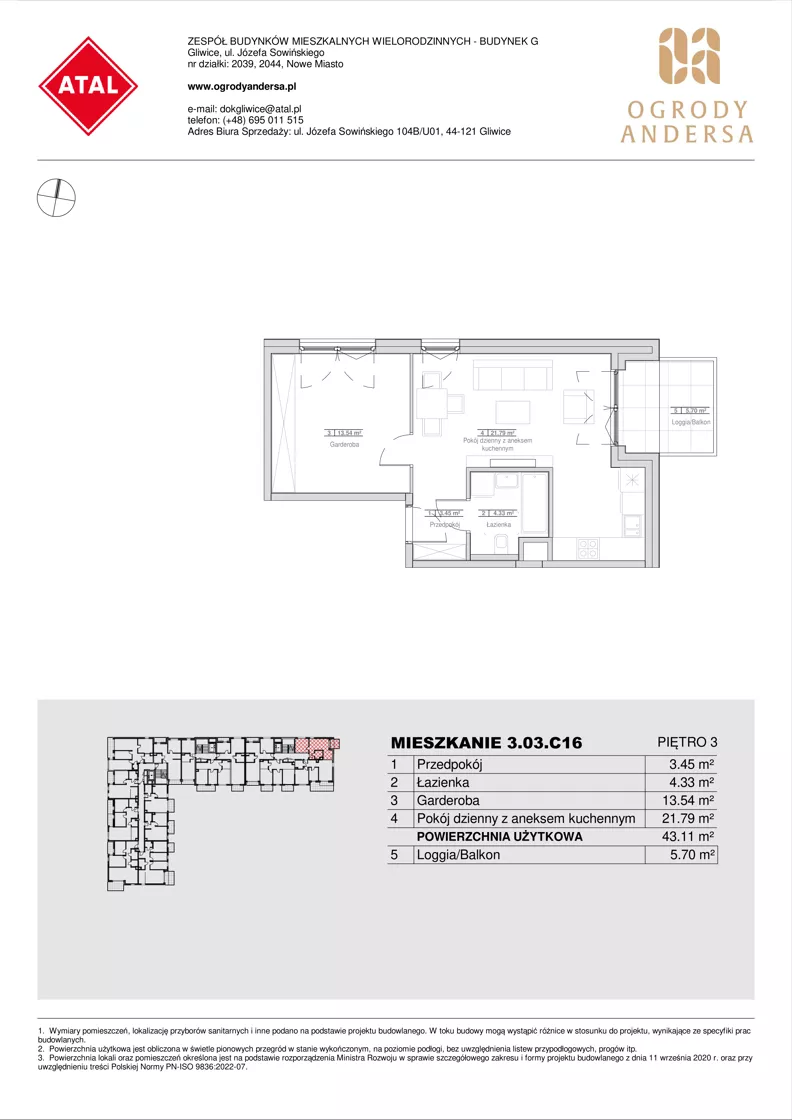 1 pokój, mieszkanie 43,11 m², piętro 3, oferta nr 3.03.C16, Ogrody Andersa IV, Gliwice, Wojska Polskiego, ul. J. Sowińskiego