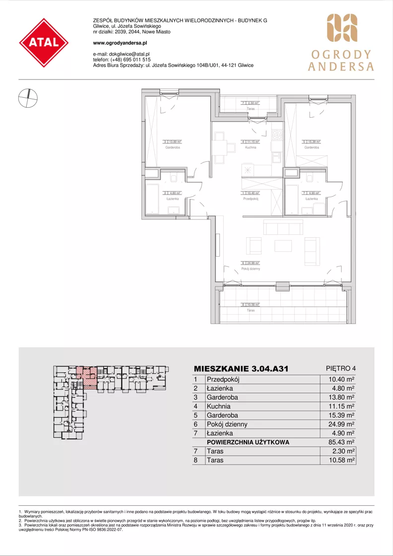 1 pokój, mieszkanie 85,43 m², piętro 4, oferta nr 3.04.A31, Ogrody Andersa IV, Gliwice, Wojska Polskiego, ul. J. Sowińskiego