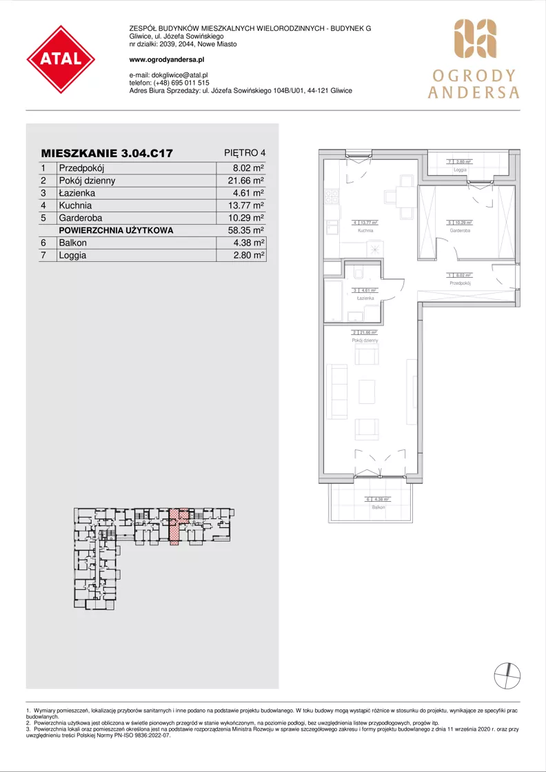 1 pokój, mieszkanie 58,35 m², piętro 4, oferta nr 3.04.C17, Ogrody Andersa IV, Gliwice, Wojska Polskiego, ul. J. Sowińskiego