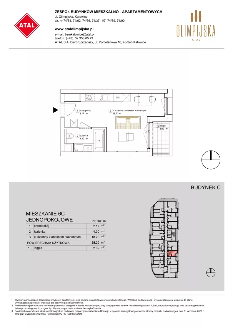 1 pokój, mieszkanie 25,18 m², piętro 2, oferta nr C-02-06C, ATAL Olimpijska, Katowice, Śródmieście, Bogucice, ul. Olimpijska / al. Korfantego