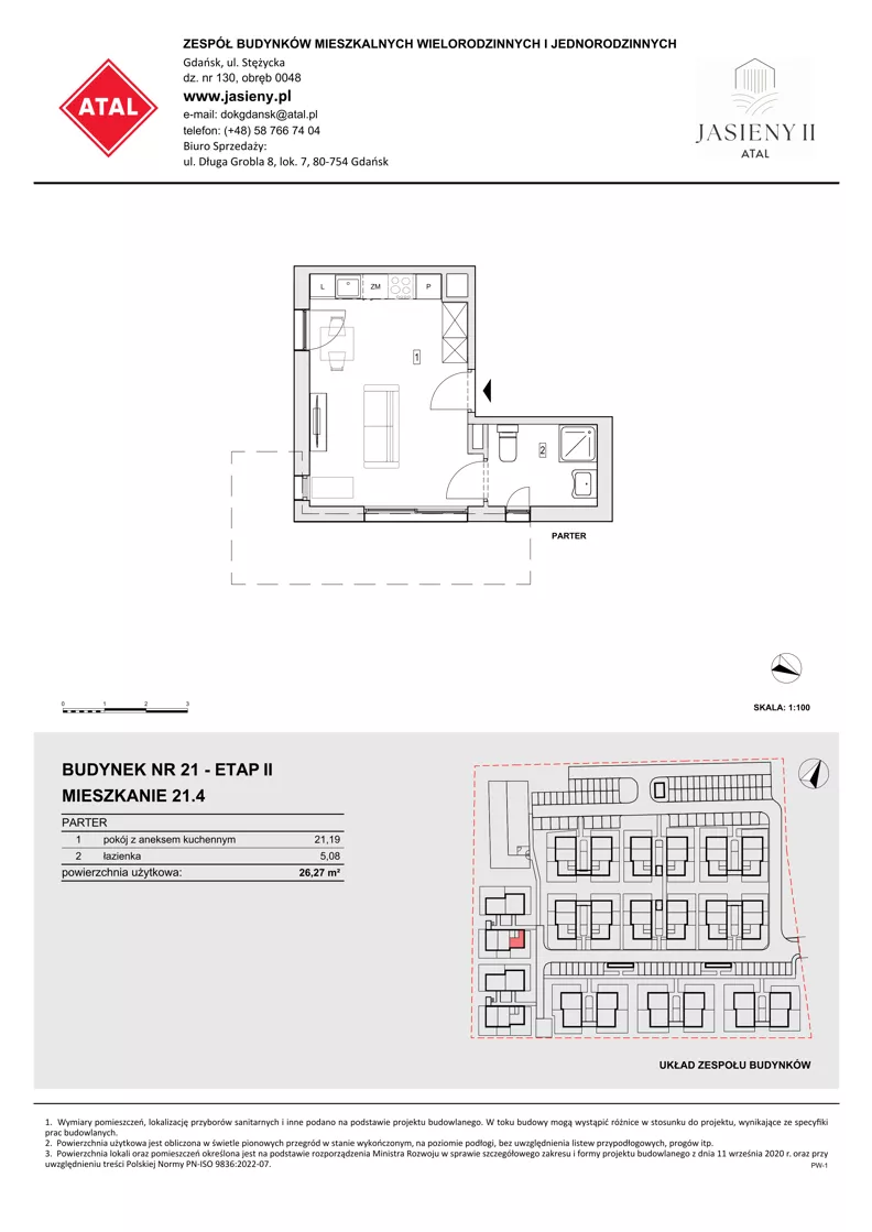 1 pokój, mieszkanie 26,27 m², parter, oferta nr 21.4, ATAL Jasieny II, Gdańsk, Jasień, ul. Stężycka