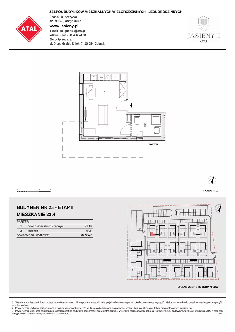 1 pokój, mieszkanie 26,27 m², parter, oferta nr 23.4, ATAL Jasieny II, Gdańsk, Jasień, ul. Stężycka