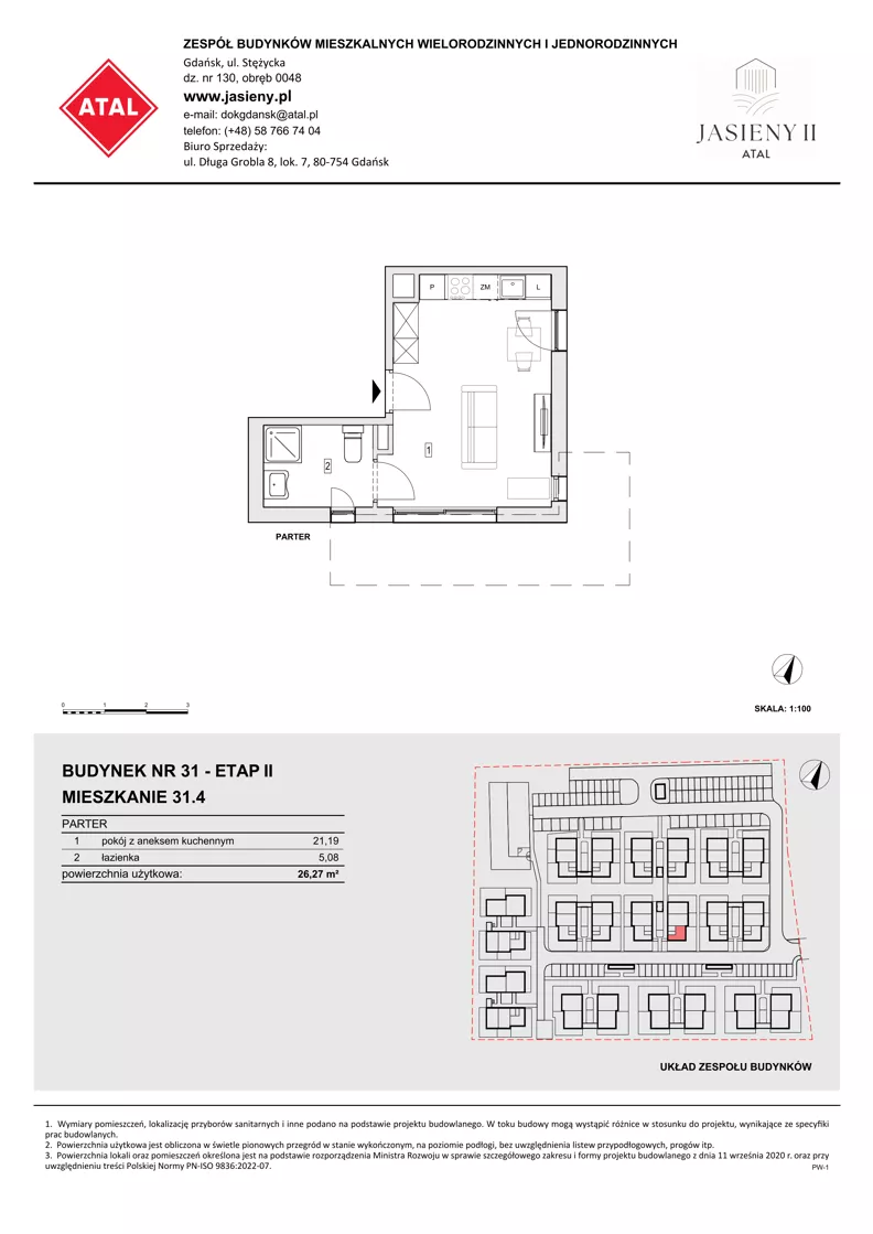 1 pokój, mieszkanie 26,27 m², parter, oferta nr 31.4, ATAL Jasieny II, Gdańsk, Jasień, ul. Stężycka