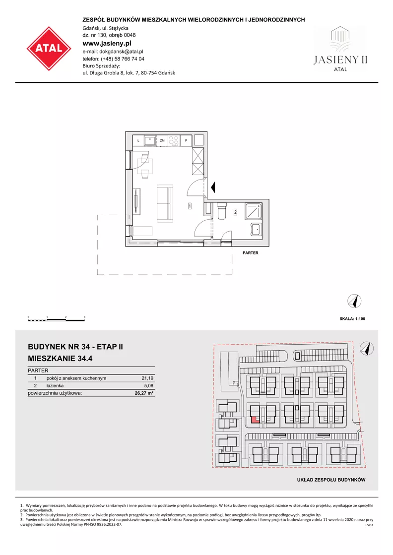 1 pokój, mieszkanie 26,27 m², parter, oferta nr 34.4, ATAL Jasieny II, Gdańsk, Jasień, ul. Stężycka