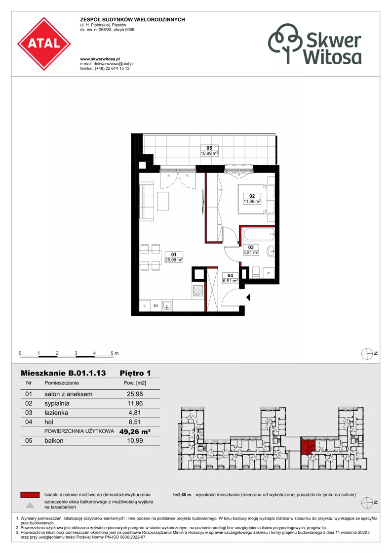 2 pokoje, mieszkanie 49,26 m², piętro 1, oferta nr B01.1.13, Skwer Witosa, Piastów, ul. Bodycha/Witosa