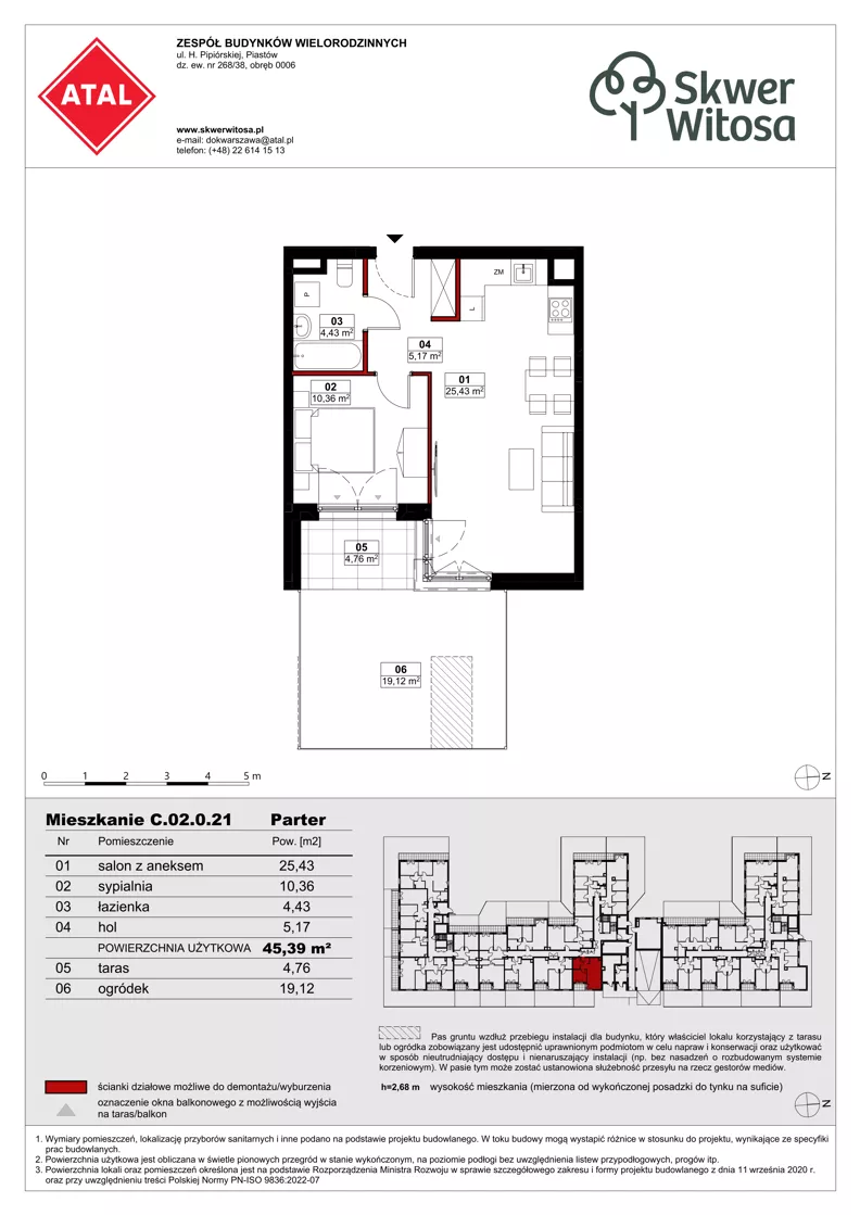 2 pokoje, mieszkanie 45,39 m², parter, oferta nr C02.0.21, Skwer Witosa, Piastów, ul. Bodycha/Witosa