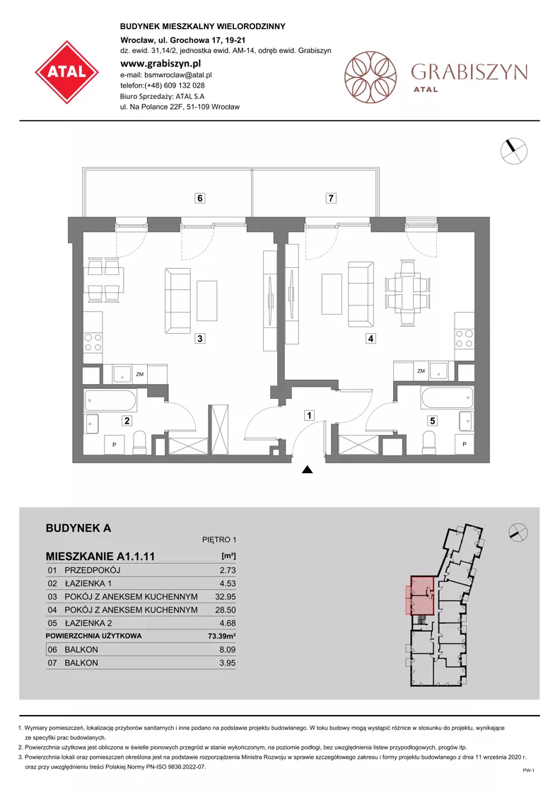 2 pokoje, mieszkanie 73,39 m², piętro 1, oferta nr A1.1.11, ATAL Grabiszyn, Wrocław, Gajowice, Fabryczna, ul. Grochowa