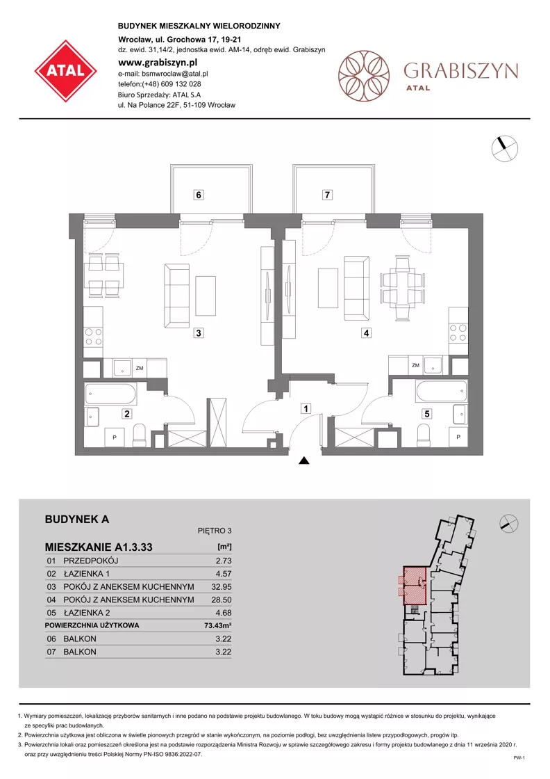 2 pokoje, mieszkanie 73,43 m², piętro 3, oferta nr A1.3.33, ATAL Grabiszyn, Wrocław, Gajowice, Fabryczna, ul. Grochowa