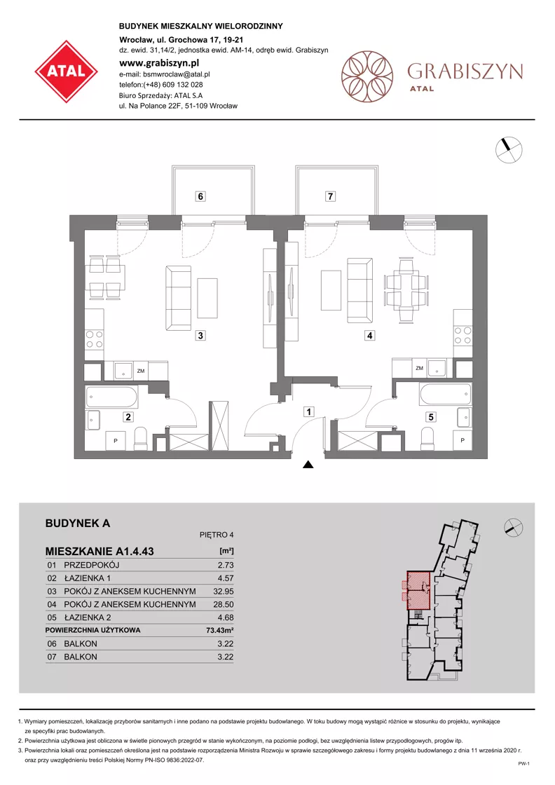 2 pokoje, mieszkanie 73,43 m², piętro 4, oferta nr A1.4.43, ATAL Grabiszyn, Wrocław, Gajowice, Fabryczna, ul. Grochowa