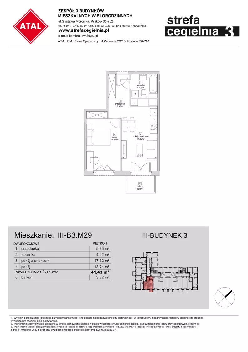 2 pokoje, mieszkanie 41,43 m², piętro 1, oferta nr III-B3.M29, Strefa Cegielnia 3, Kraków, Wzgórza Krzesławickie, Zesławice, ul. Gustawa Morcinka