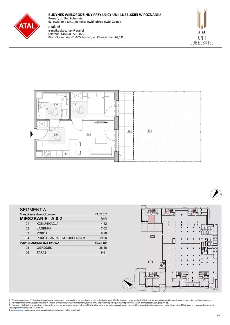 2 pokoje, mieszkanie 40,38 m², parter, oferta nr A.0.2, ATAL Unii Lubelskiej, Poznań, Rataje, Starołęka, ul. Heleny Tadeuszak
