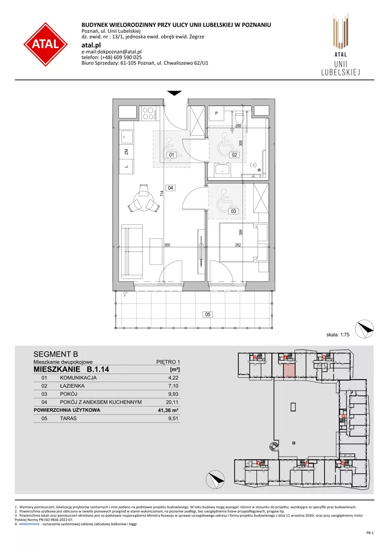 2 pokoje, mieszkanie 41,36 m², piętro 1, oferta nr B.1.14, ATAL Unii Lubelskiej, Poznań, Rataje, Starołęka, ul. Heleny Tadeuszak
