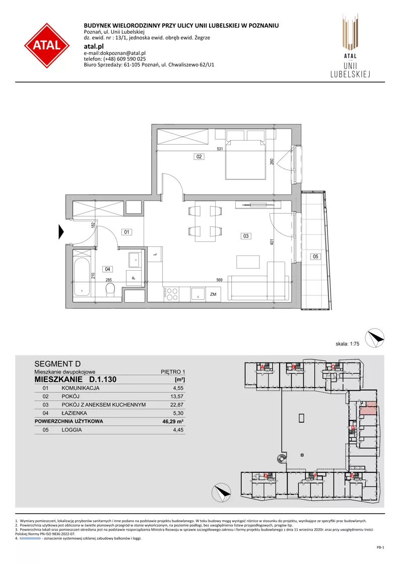 2 pokoje, mieszkanie 46,29 m², piętro 1, oferta nr D.1.130, ATAL Unii Lubelskiej, Poznań, Rataje, Starołęka, ul. Heleny Tadeuszak