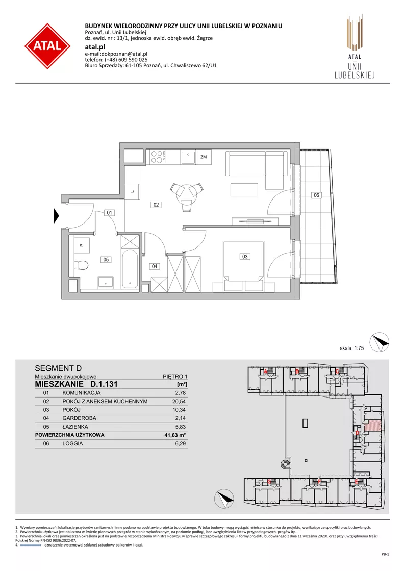 2 pokoje, mieszkanie 41,63 m², piętro 1, oferta nr D.1.131, ATAL Unii Lubelskiej, Poznań, Rataje, Starołęka, ul. Heleny Tadeuszak