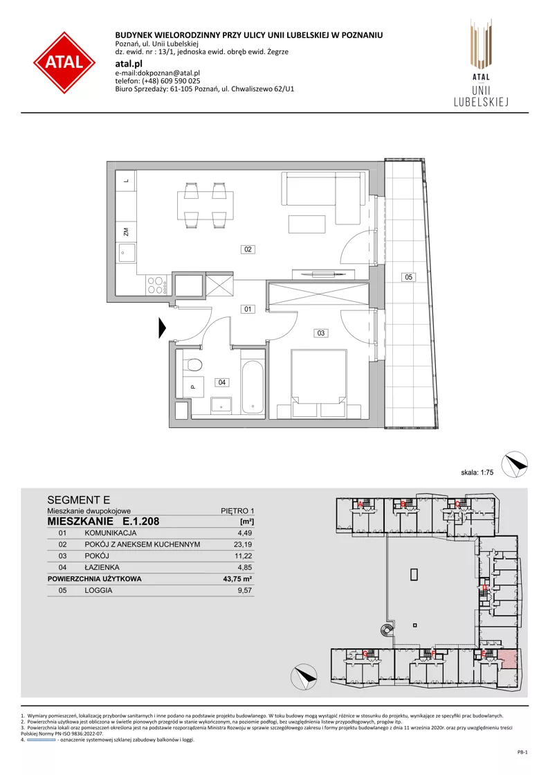 2 pokoje, mieszkanie 43,75 m², piętro 1, oferta nr E.1.208, ATAL Unii Lubelskiej, Poznań, Rataje, Starołęka, ul. Heleny Tadeuszak