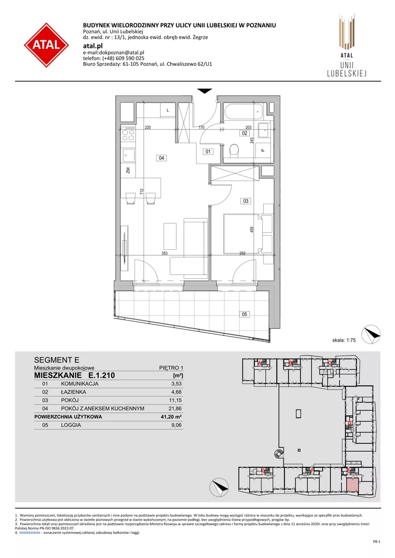 2 pokoje, mieszkanie 41,20 m², piętro 1, oferta nr E.1.210, ATAL Unii Lubelskiej, Poznań, Rataje, Starołęka, ul. Heleny Tadeuszak
