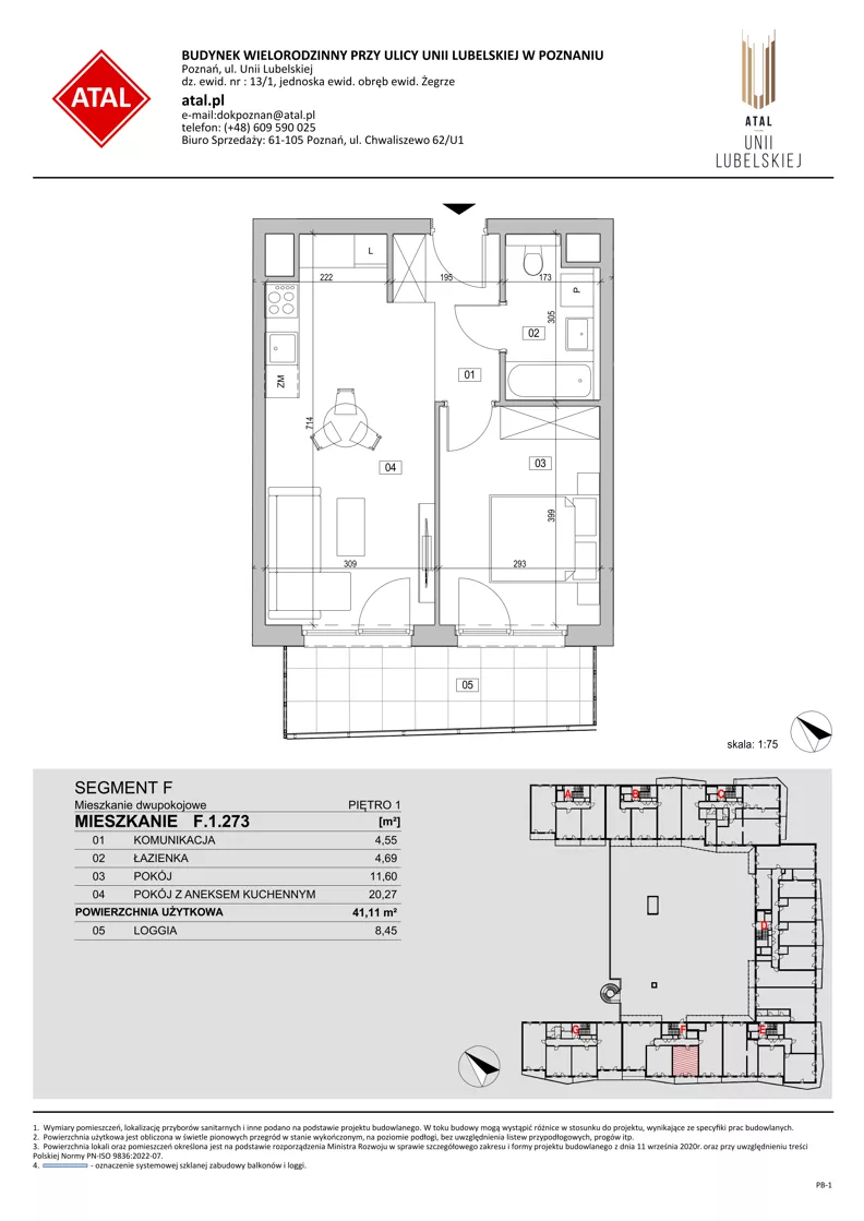 2 pokoje, mieszkanie 41,11 m², piętro 1, oferta nr F.1.273, ATAL Unii Lubelskiej, Poznań, Rataje, Starołęka, ul. Heleny Tadeuszak