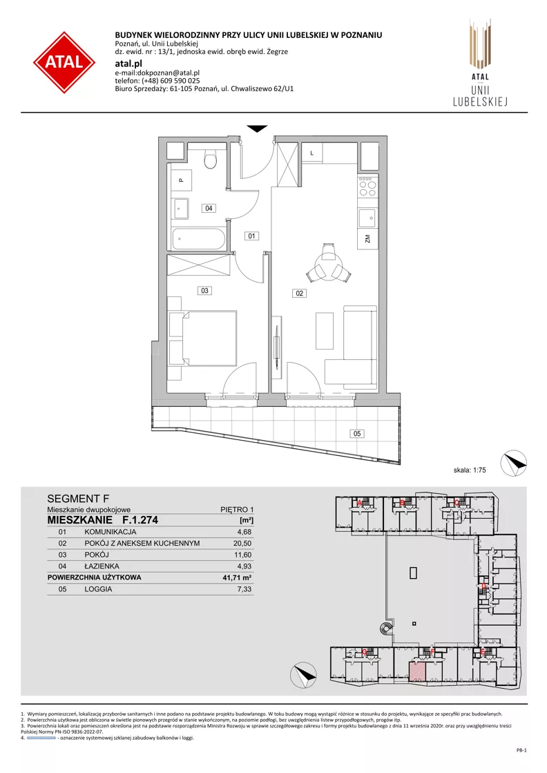 2 pokoje, mieszkanie 41,71 m², piętro 1, oferta nr F.1.274, ATAL Unii Lubelskiej, Poznań, Rataje, Starołęka, ul. Heleny Tadeuszak