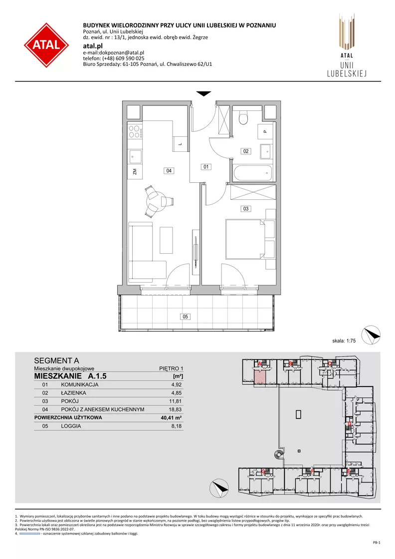 2 pokoje, mieszkanie 40,41 m², piętro 1, oferta nr A.1.5, ATAL Unii Lubelskiej, Poznań, Rataje, Starołęka, ul. Heleny Tadeuszak