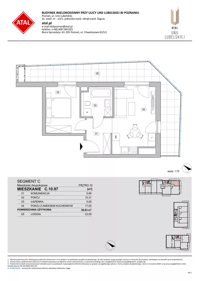 2 pokoje, mieszkanie 38,63 m², piętro 10, oferta nr C.10.97, ATAL Unii Lubelskiej, Poznań, Rataje, Starołęka, ul. Heleny Tadeuszak