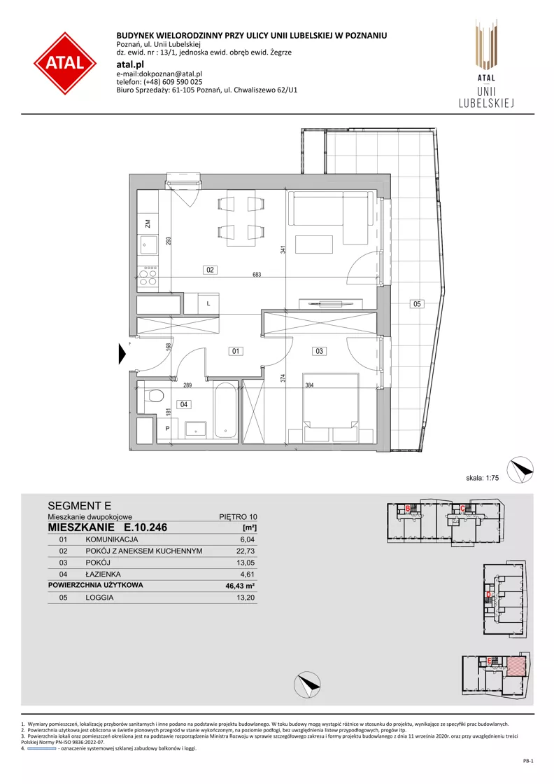 2 pokoje, mieszkanie 46,43 m², piętro 10, oferta nr E.10.246, ATAL Unii Lubelskiej, Poznań, Rataje, Starołęka, ul. Heleny Tadeuszak