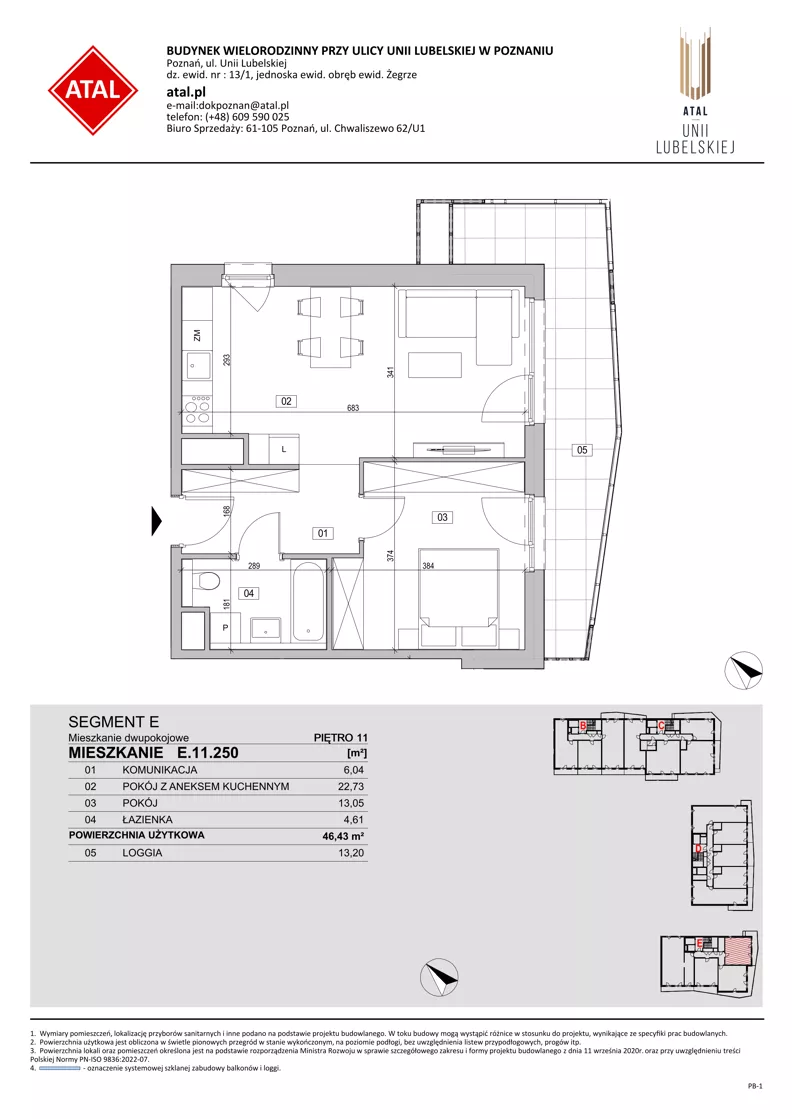 2 pokoje, mieszkanie 46,43 m², piętro 11, oferta nr E.11.250, ATAL Unii Lubelskiej, Poznań, Rataje, Starołęka, ul. Heleny Tadeuszak