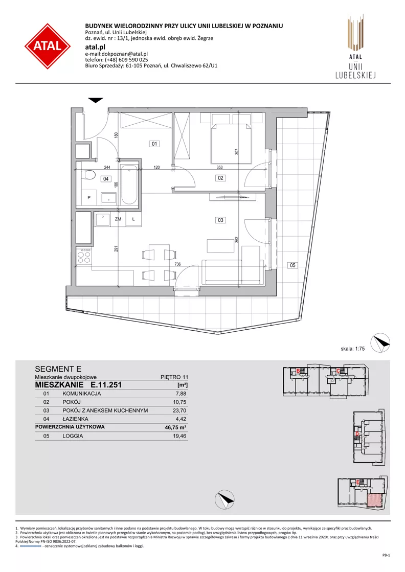 2 pokoje, mieszkanie 46,75 m², piętro 11, oferta nr E.11.251, ATAL Unii Lubelskiej, Poznań, Rataje, Starołęka, ul. Heleny Tadeuszak