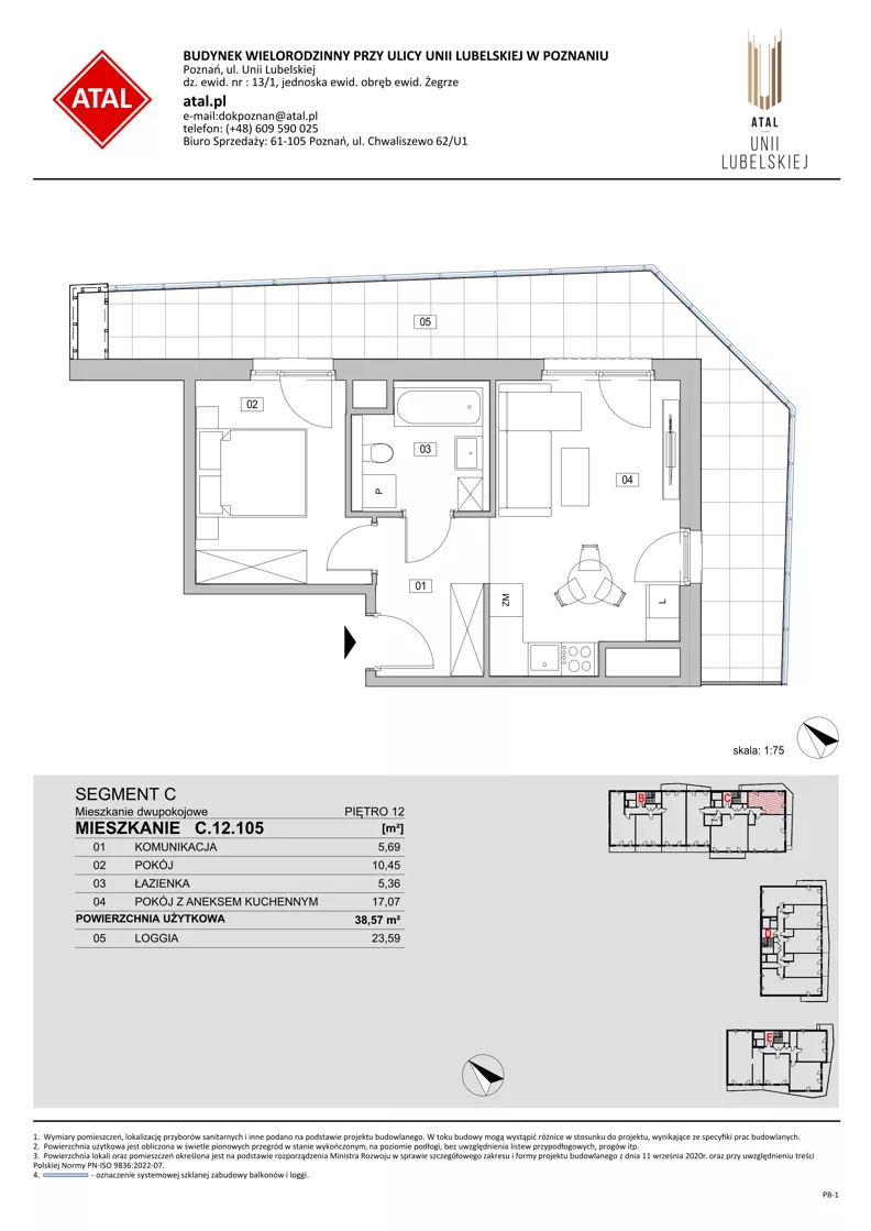 2 pokoje, mieszkanie 38,57 m², piętro 12, oferta nr C.12.105, ATAL Unii Lubelskiej, Poznań, Rataje, Starołęka, ul. Heleny Tadeuszak