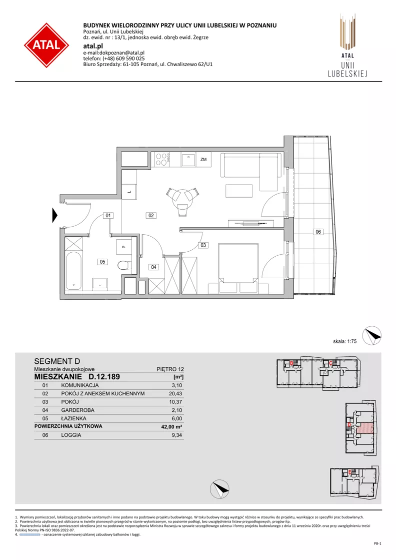 2 pokoje, mieszkanie 42,00 m², piętro 12, oferta nr D.12.189, ATAL Unii Lubelskiej, Poznań, Rataje, Starołęka, ul. Heleny Tadeuszak