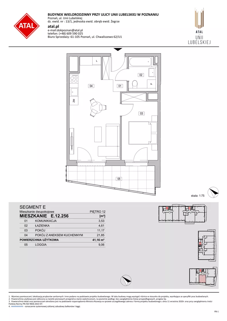 2 pokoje, mieszkanie 41,16 m², piętro 12, oferta nr E.12.256, ATAL Unii Lubelskiej, Poznań, Rataje, Starołęka, ul. Heleny Tadeuszak