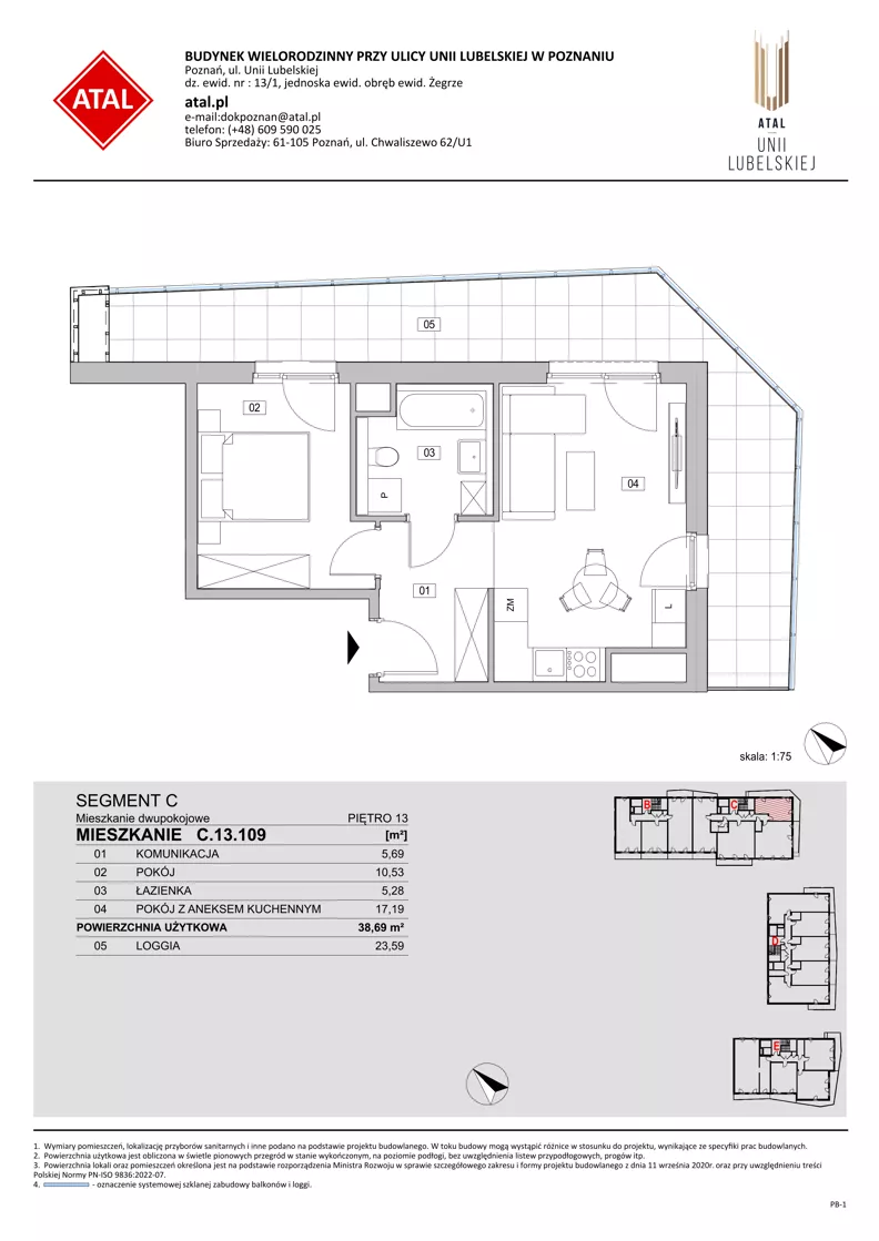 2 pokoje, mieszkanie 38,69 m², piętro 13, oferta nr C.13.109, ATAL Unii Lubelskiej, Poznań, Rataje, Starołęka, ul. Heleny Tadeuszak
