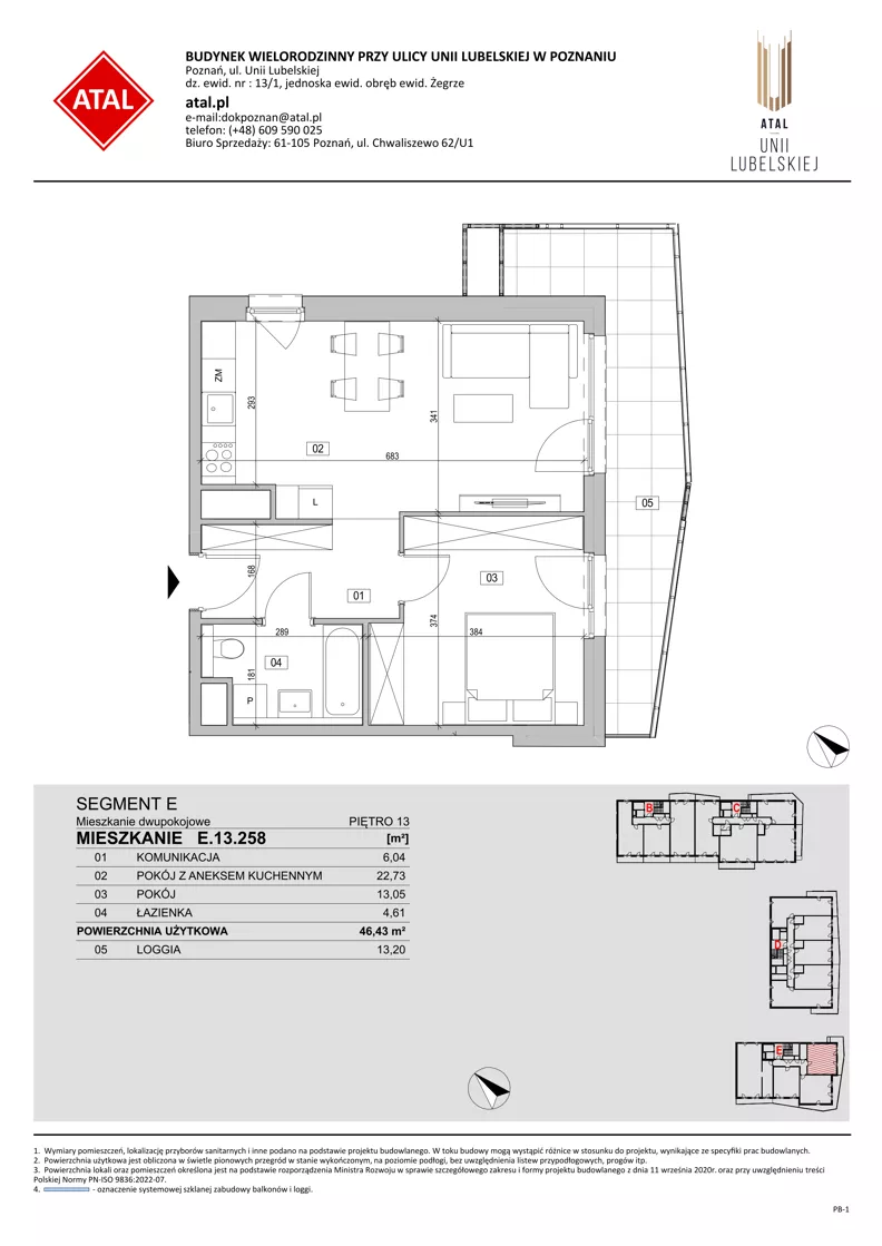 2 pokoje, mieszkanie 46,43 m², piętro 13, oferta nr E.13.258, ATAL Unii Lubelskiej, Poznań, Rataje, Starołęka, ul. Heleny Tadeuszak