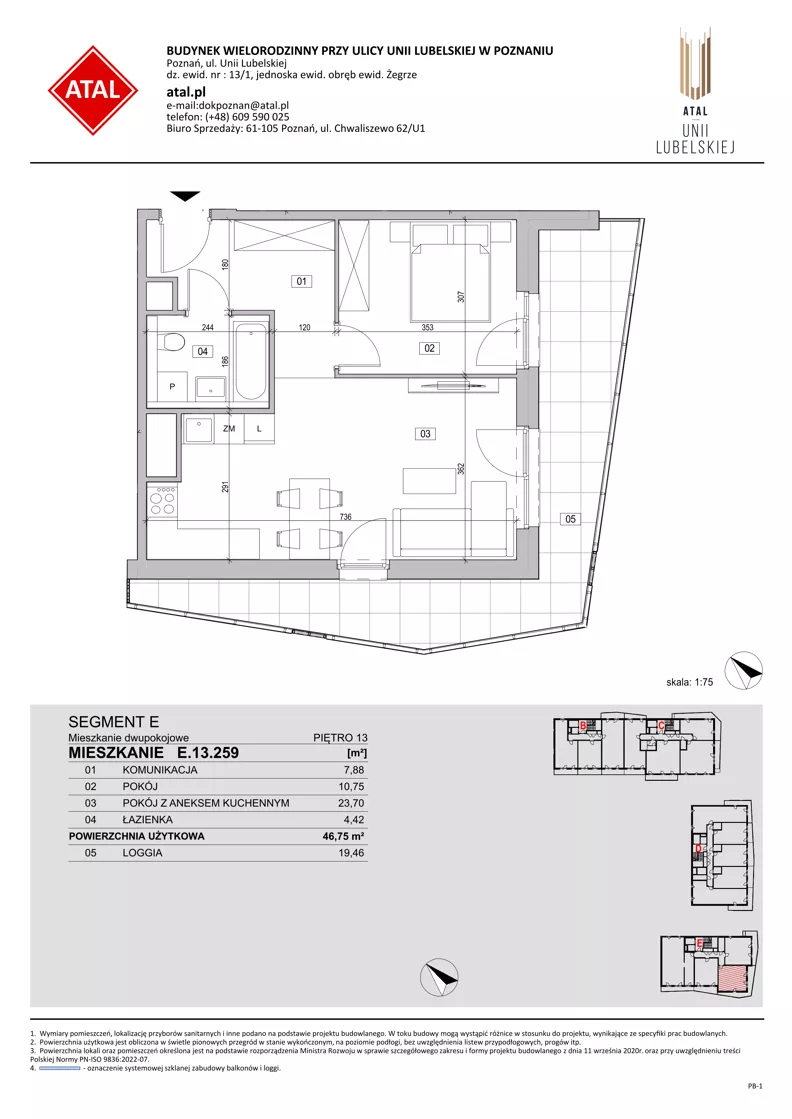 2 pokoje, mieszkanie 46,75 m², piętro 13, oferta nr E.13.259, ATAL Unii Lubelskiej, Poznań, Rataje, Starołęka, ul. Heleny Tadeuszak