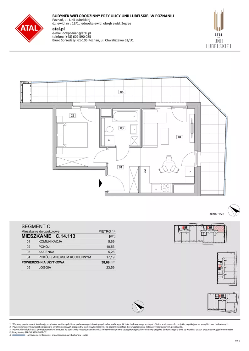 2 pokoje, mieszkanie 38,69 m², piętro 14, oferta nr C.14.113, ATAL Unii Lubelskiej, Poznań, Rataje, Starołęka, ul. Heleny Tadeuszak