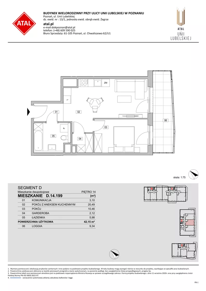 2 pokoje, mieszkanie 42,15 m², piętro 14, oferta nr D.14.199, ATAL Unii Lubelskiej, Poznań, Rataje, Starołęka, ul. Heleny Tadeuszak