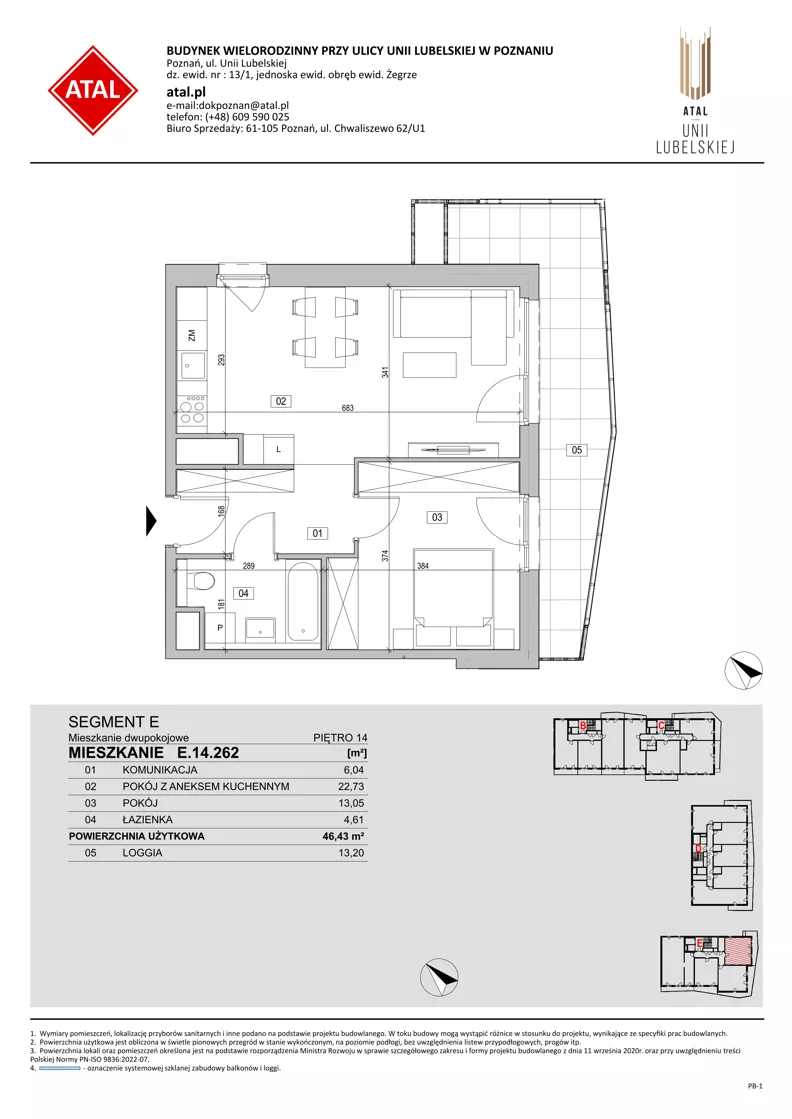 2 pokoje, mieszkanie 46,43 m², piętro 14, oferta nr E.14.262, ATAL Unii Lubelskiej, Poznań, Rataje, Starołęka, ul. Heleny Tadeuszak