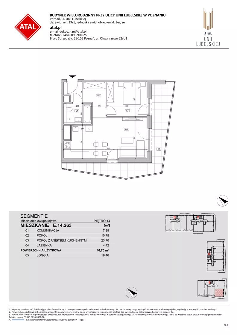 2 pokoje, mieszkanie 46,75 m², piętro 14, oferta nr E.14.263, ATAL Unii Lubelskiej, Poznań, Rataje, Starołęka, ul. Heleny Tadeuszak