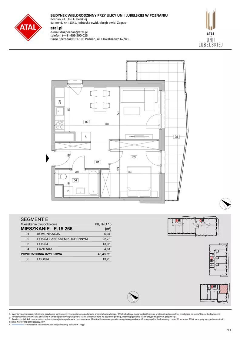 2 pokoje, mieszkanie 46,43 m², piętro 15, oferta nr E.15.266, ATAL Unii Lubelskiej, Poznań, Rataje, Starołęka, ul. Heleny Tadeuszak