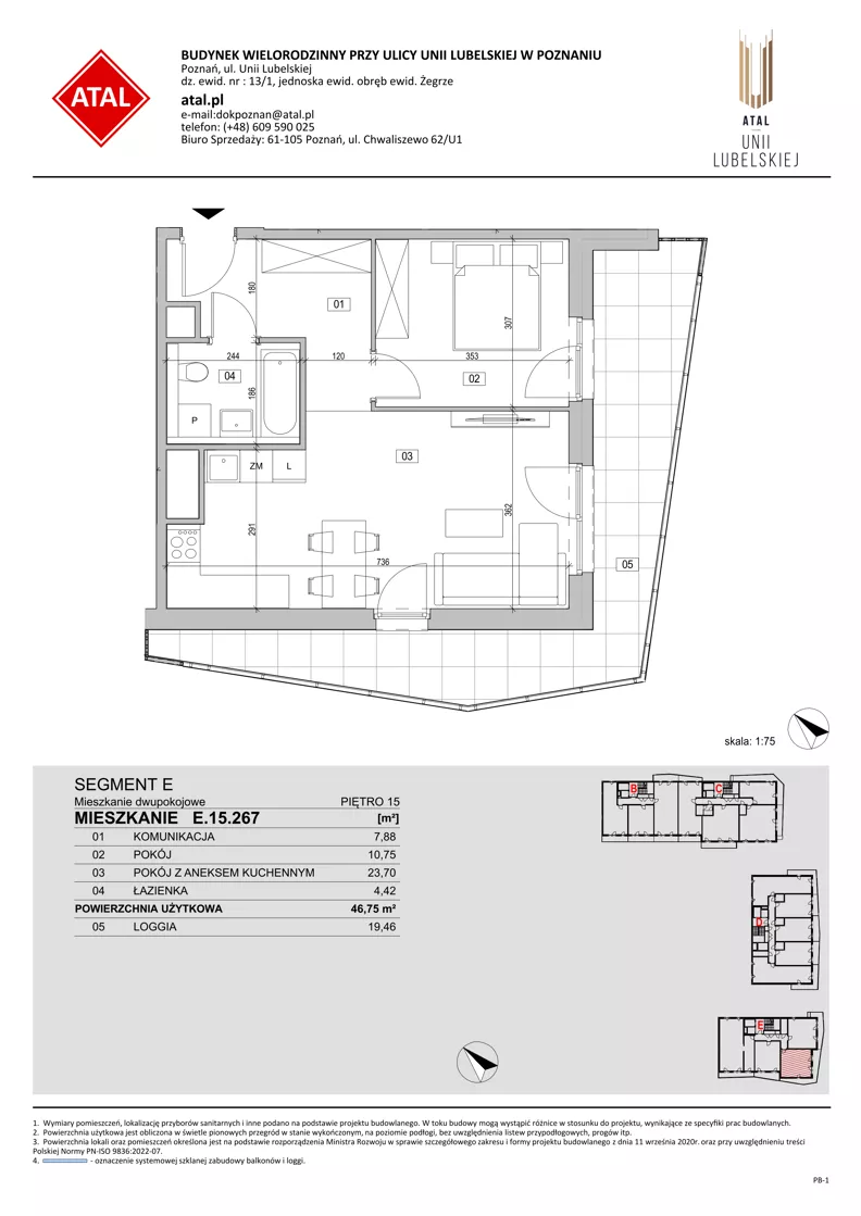 2 pokoje, mieszkanie 46,75 m², piętro 15, oferta nr E.15.267, ATAL Unii Lubelskiej, Poznań, Rataje, Starołęka, ul. Heleny Tadeuszak